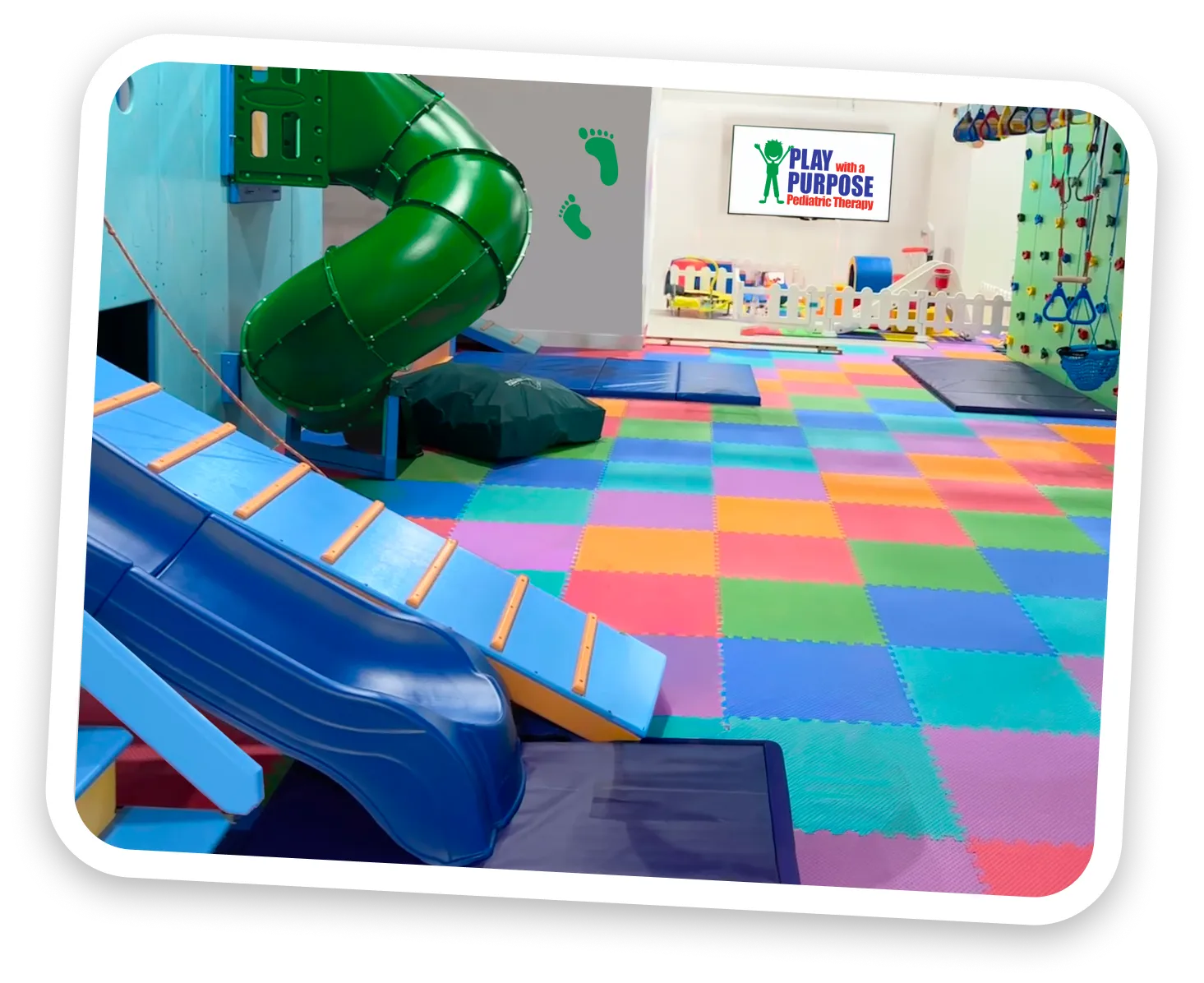 Pediatric therapy gym with colorful floor mats